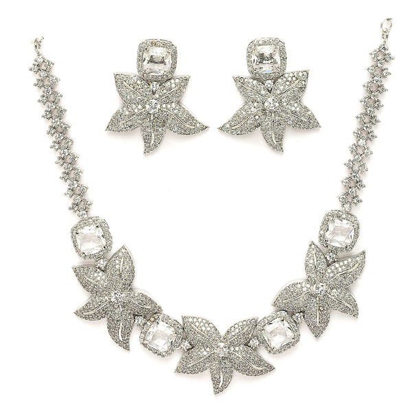 Rhodium Plated Silver Toned Floral Shaped White American Diamond Studded Jewellery Set