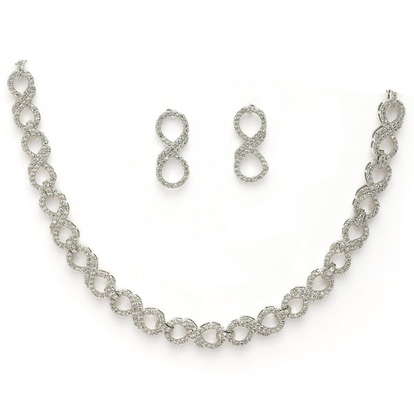 Rhodium Plated Silver Toned Infinity Shaped White American Diamond Studded Necklace With Earrings Jewellery