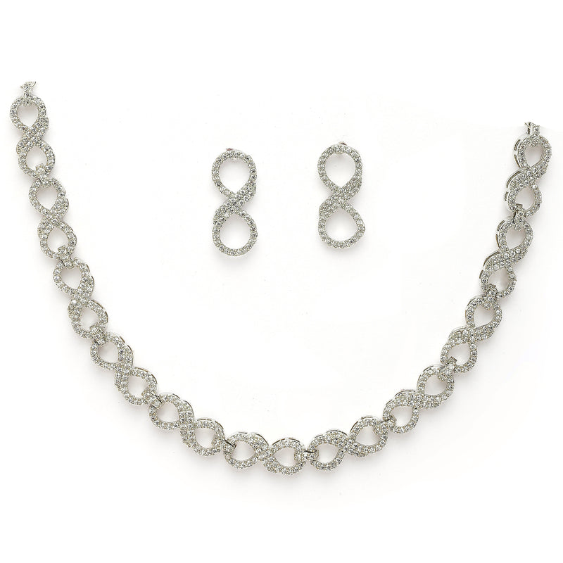 Rhodium Plated Silver Toned Infinity Shaped White American Diamond Studded Necklace With Earrings Jewellery