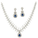 Rhodium Plated Silver Toned Teardrop Shaped Navy Blue & White American Diamond Studded Jewellery Set