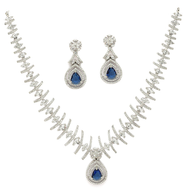Rhodium Plated Silver Toned Teardrop Shaped Navy Blue & White American Diamond Studded Jewellery Set