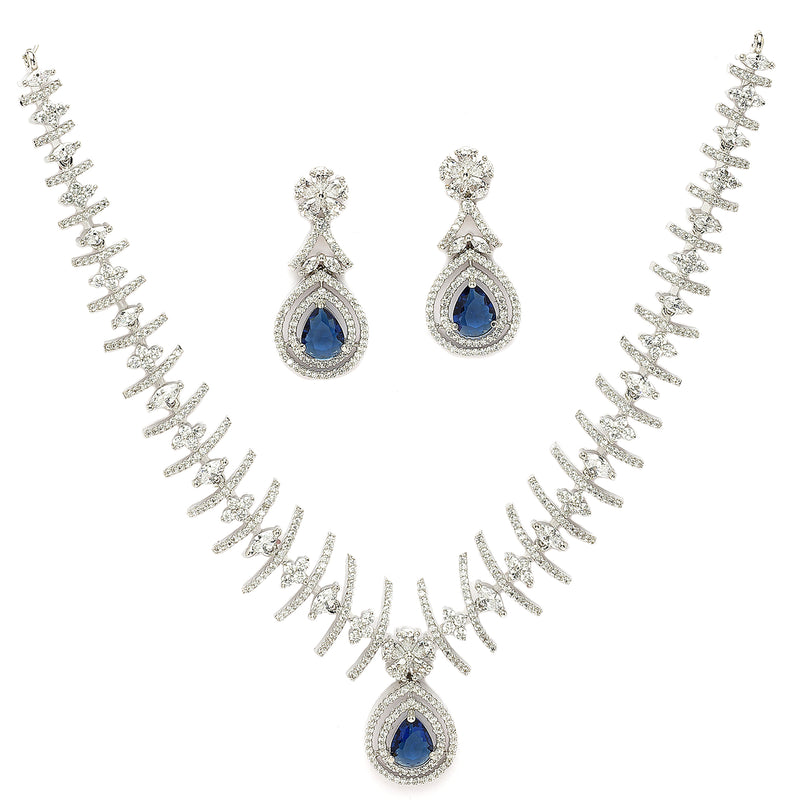 Rhodium Plated Silver Toned Teardrop Shaped Navy Blue & White American Diamond Studded Jewellery Set