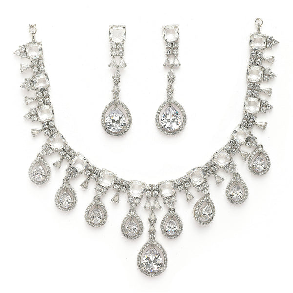 Rhodium Plated Silver Toned Teardrop Shaped White American Diamond Studded Jewellery Set