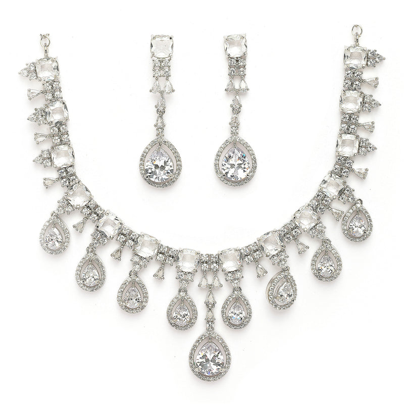 Rhodium Plated Silver Toned Teardrop Shaped White American Diamond Studded Jewellery Set