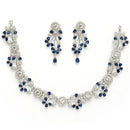 Rhodium Plated Silver Toned Leaf Shaped Blue & White American Diamond Studded Jewellery Set