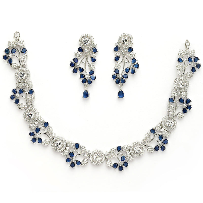 Rhodium Plated Silver Toned Leaf Shaped Blue & White American Diamond Studded Jewellery Set