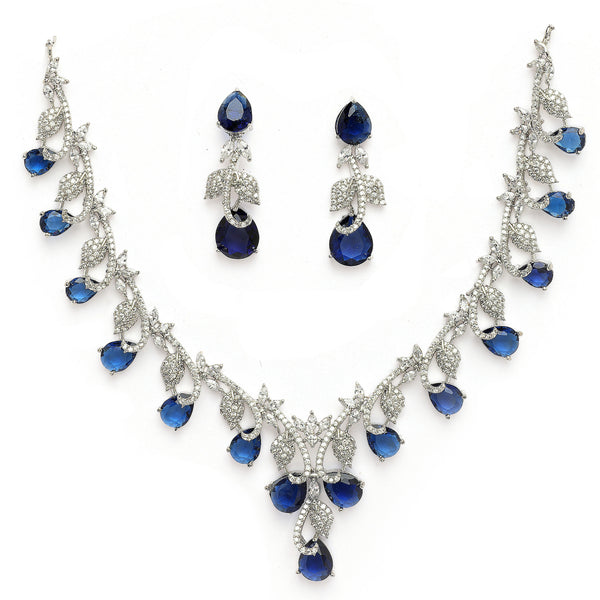 Rhodium Plated Silver Toned Leaf Teardrop Blue & White American Diamond Studded Jewellery Set