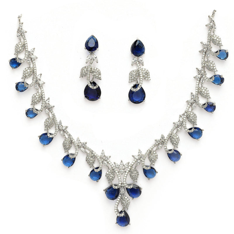 Rhodium Plated Silver Toned Leaf Teardrop Blue & White American Diamond Studded Jewellery Set