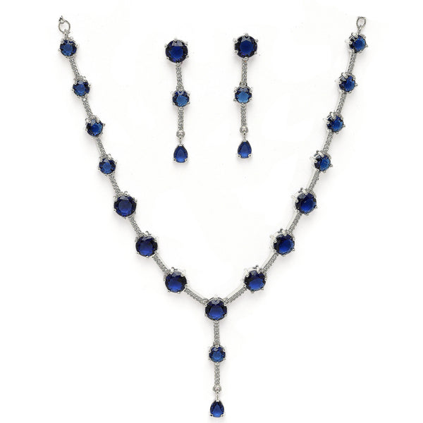 Rhodium Plated Silver Toned Circle Shaped Blue American Diamond Studded Jewellery Set