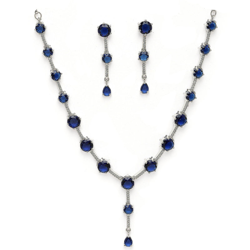 Rhodium Plated Silver Toned Circle Shaped Blue American Diamond Studded Jewellery Set