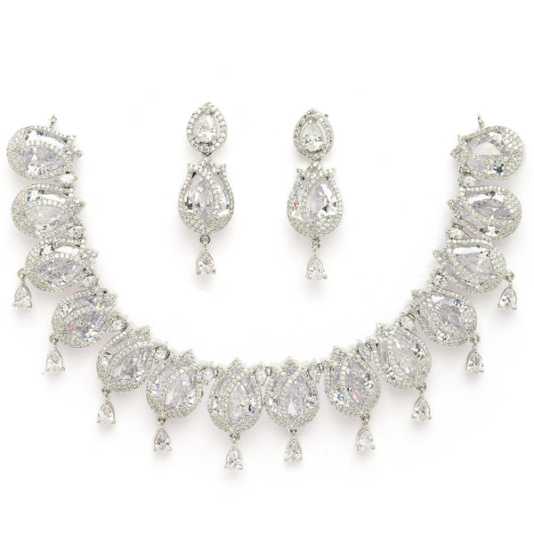 Rhodium Plated Silver Toned Rose Shaped White American Diamond Studded Jewellery Set