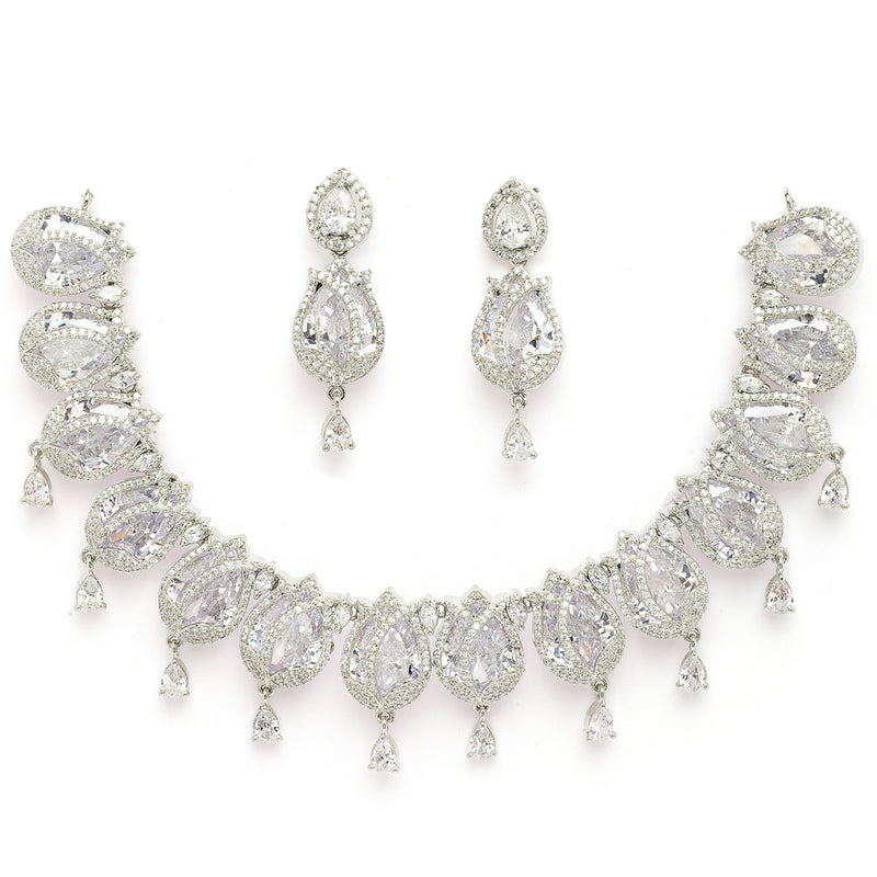 Rhodium Plated Silver Toned Rose Shaped White American Diamond Studded Jewellery Set