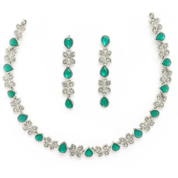 Rhodium Plated Silver Toned Butterfly Shaped Green Cubic Zirconia Studded Jewellery Set