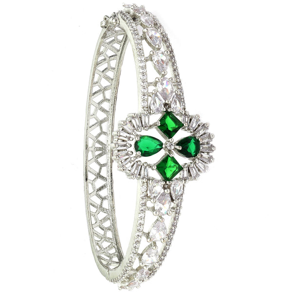 Rhodium-Plated Silver Toned Emerald Green American Diamond Studded Bracelet