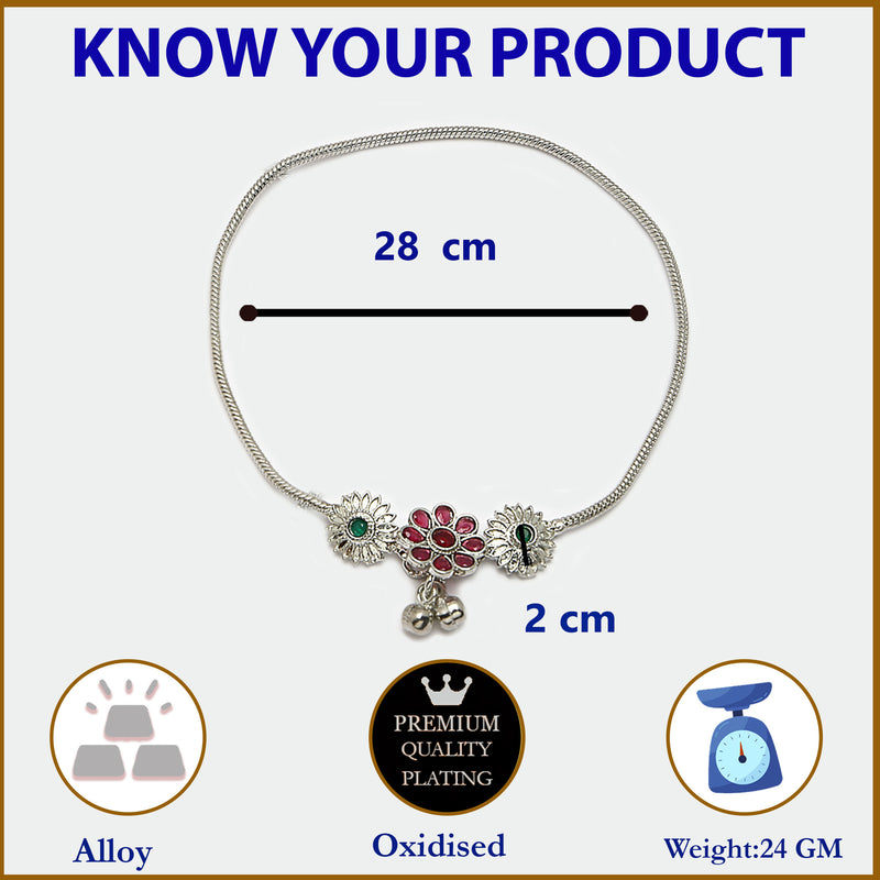 Rhodium Plated Silver Toned Flower Shaped Red Green Cubic Zirconia studded Charm Anklets
