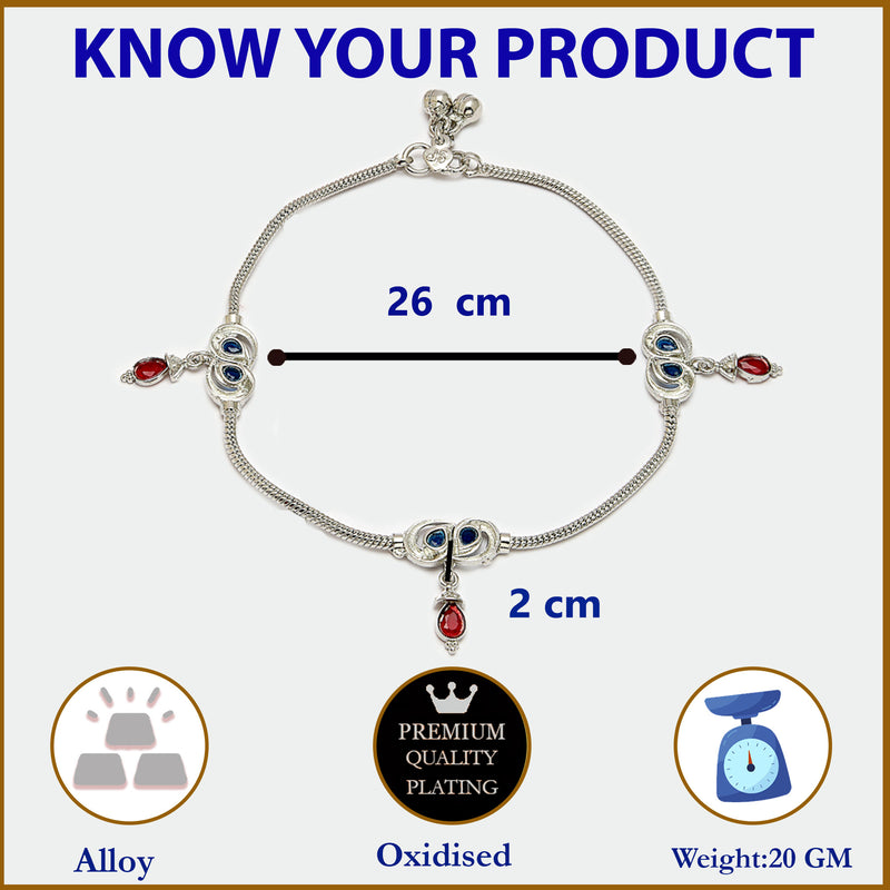 Rhodium Plated Silver Toned Red & Blue cubic Zirconia studded Charm Anklets