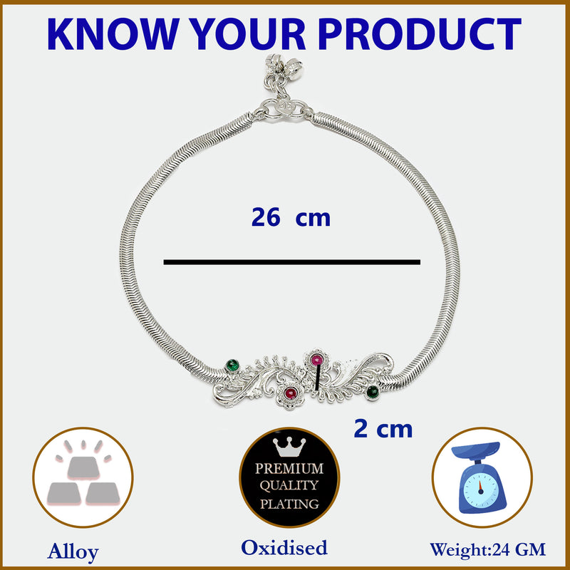 Rhodium Plated Silver Toned Braided Red & Green cubic Zirconia studded Anklets