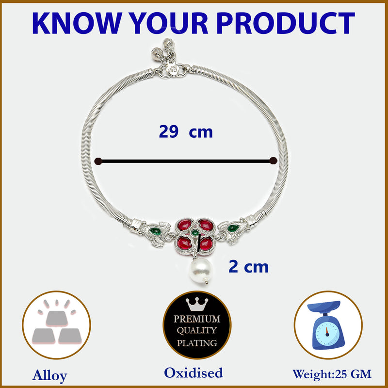 Rhodium Plated Silver Toned Flower Red Green Cubic Zirconia Studded Pearl Anklets