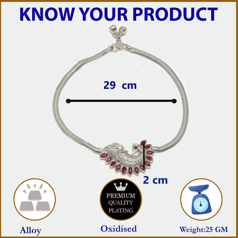 Rhodium Plated Silver Toned Peacock Red Cubic Zirconia Stone Studded Anklets