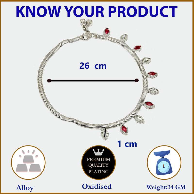 Rhodium Plated Silver Toned Red & White cubic Zirconia studded Charm Anklets