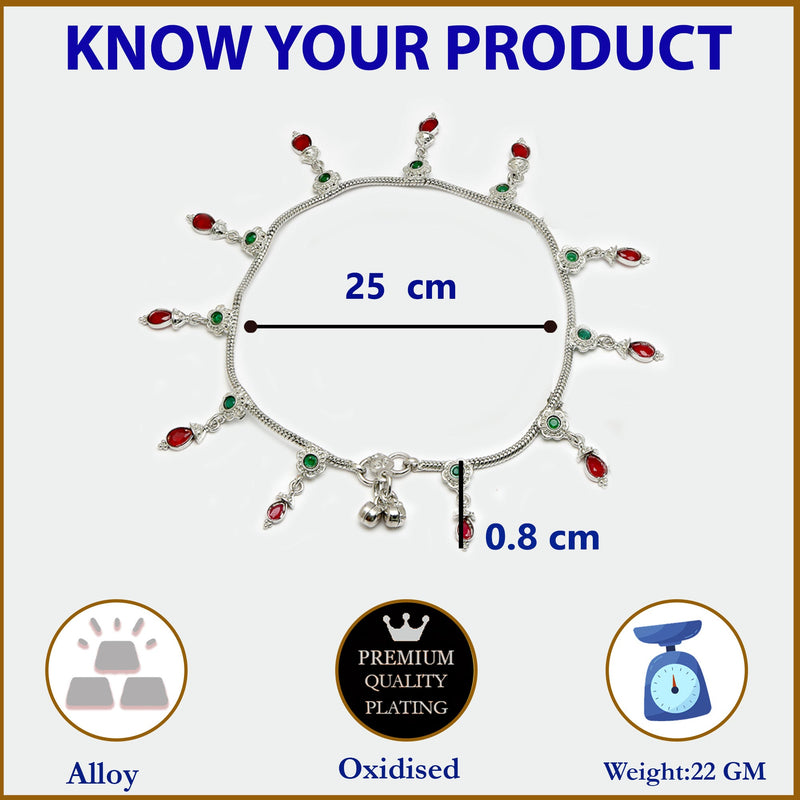 Rhodium Plated Silver Toned Red & Green Cubic Zirconia Stone Studded Charm Anklets