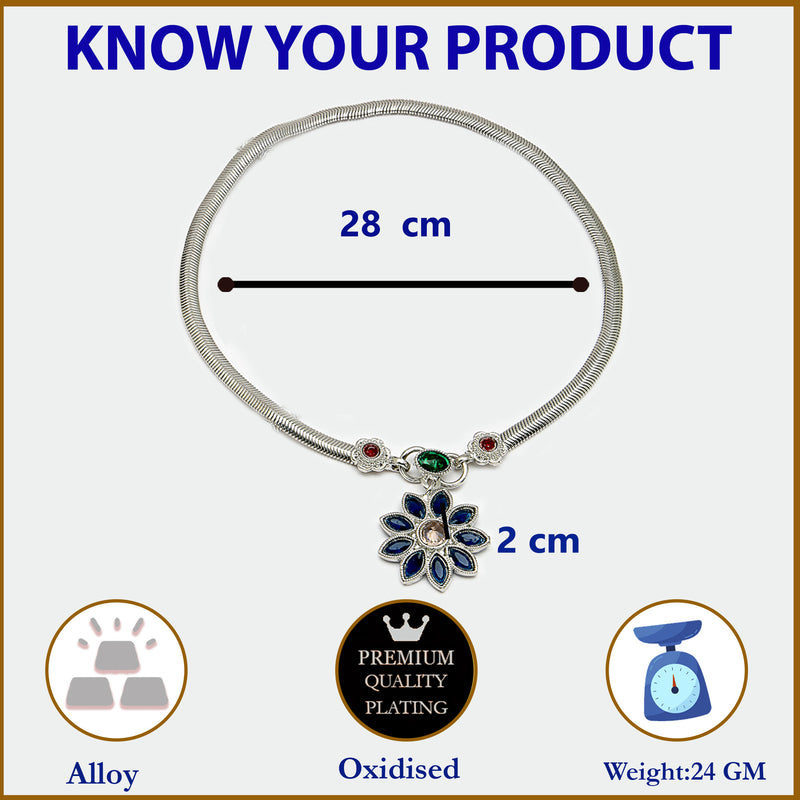 Rhodium Plated Silver Toned Flower Shaped Blue Red Green Cubic Zirconia studded Charm Anklets