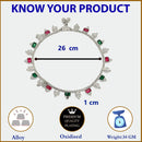 Rhodium Plated Silver Toned Rectangle Red White Green Cubic Zirconia Studded Anklets