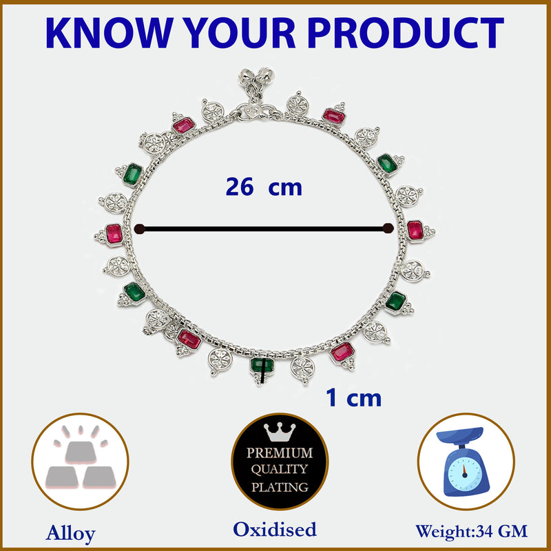 Rhodium Plated Silver Toned Rectangle Red White Green Cubic Zirconia Studded Anklets