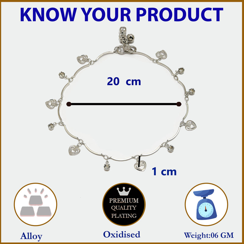 Rhodium Plated Silver Toned Heart White cubic Zirconia studded Charm Anklets