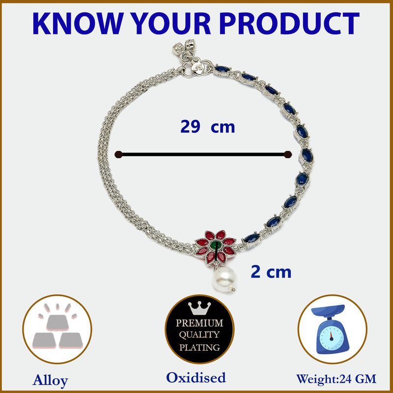 Rhodium Plated Silver Toned Flower Shaped Red Cubic Zirconia studded Pearl Anklets