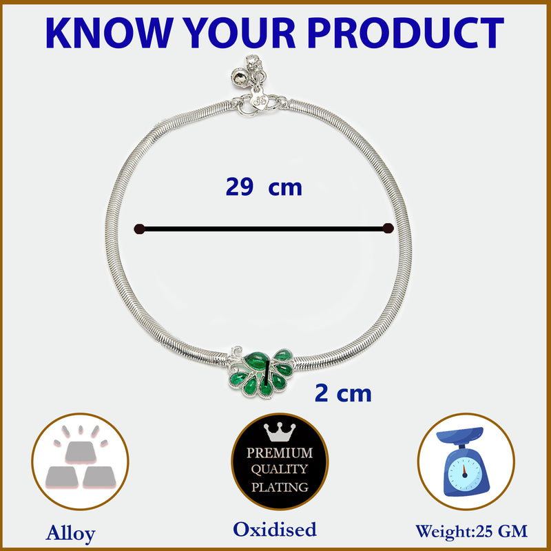 Rhodium Plated Silver Toned Flower Green cubic Zirconia studded Anklets