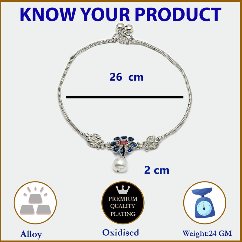 Rhodium Plated Silver Toned Flower Shaped Blue Cubic Zirconia studded Pearl Charm Anklets