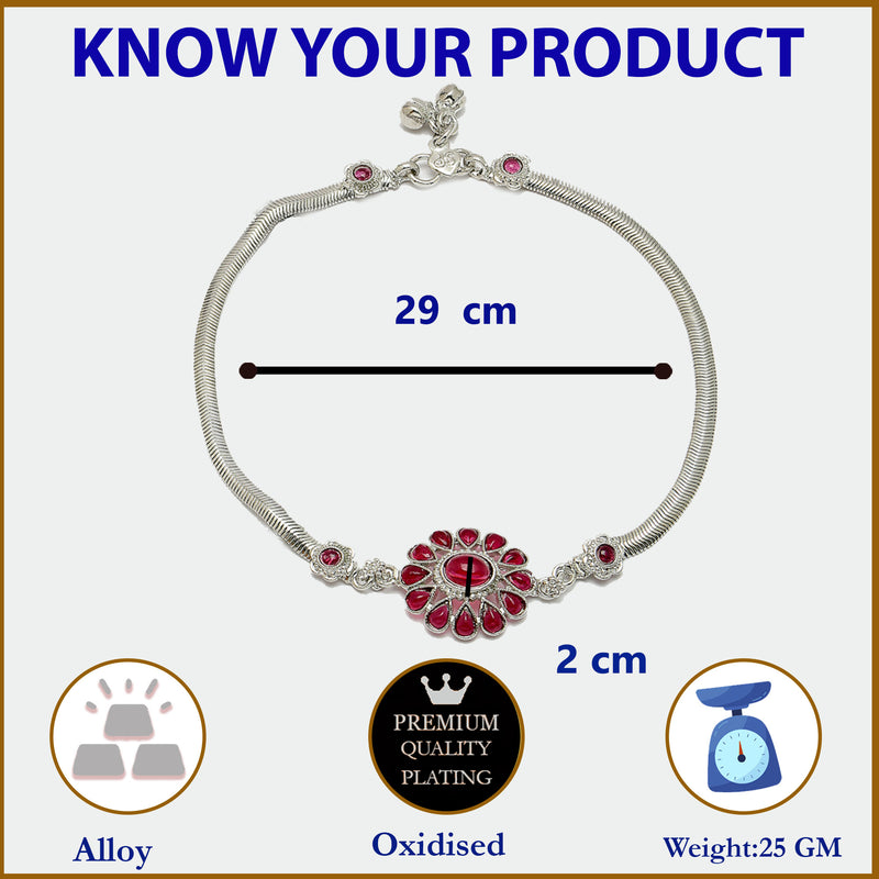 Rhodium Plated Silver Toned Flower Shaped Red Cubic Zirconia studded Anklets