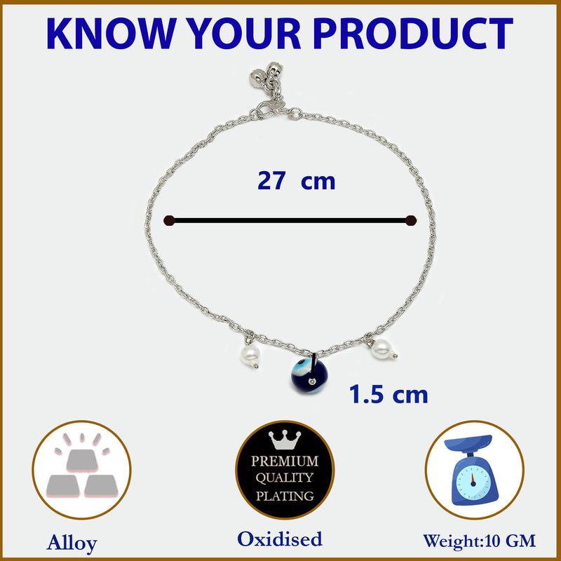 Rhodium Plated Silver Toned White cubic Zirconia Evil Eye studded Charm Anklets