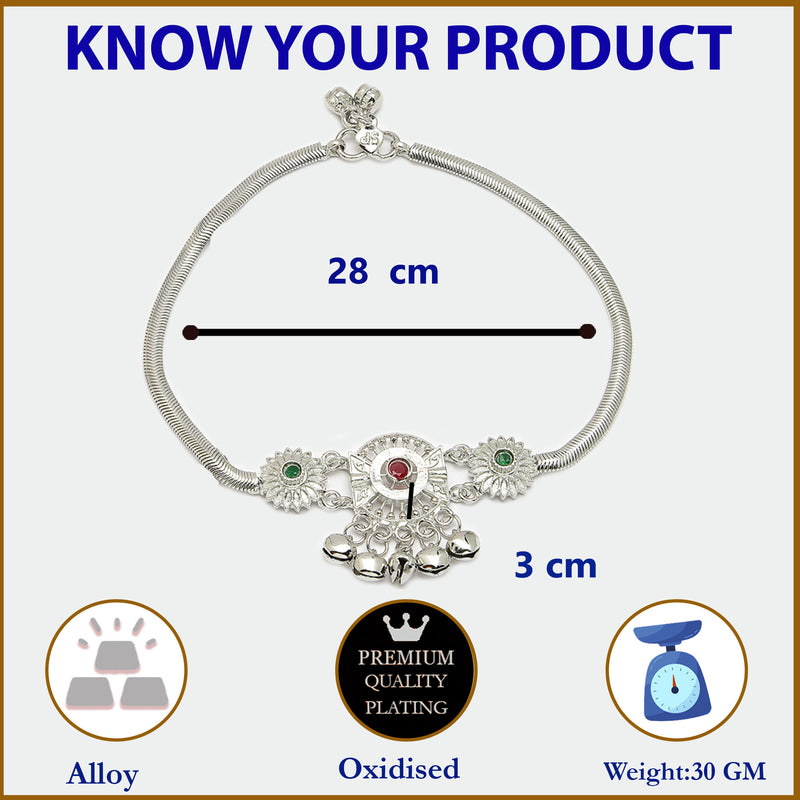 Rhodium Plated Silver Toned Flower Red Green Cubic Zirconia Studded Anklets