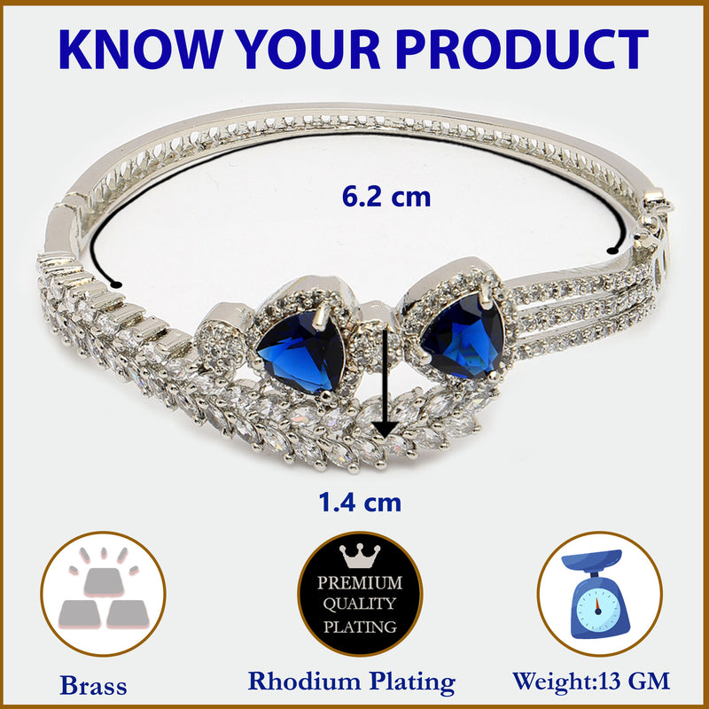 Rhodium Plated Silver Toned Blue Teardrop American Diamond Studded Cuff Bracelet