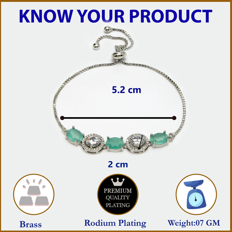 Rhodium Plated Silver Toned White Round & Mint Green Oval AD Studded Wraparound Adjustable Bracelet