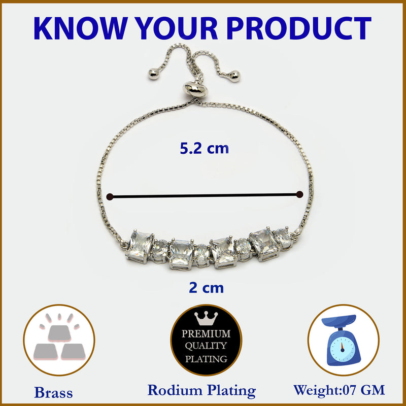 Rhodium Plated Silver Toned White Round &  Square Cut AD Studded Wraparound Adjustable Bracelet