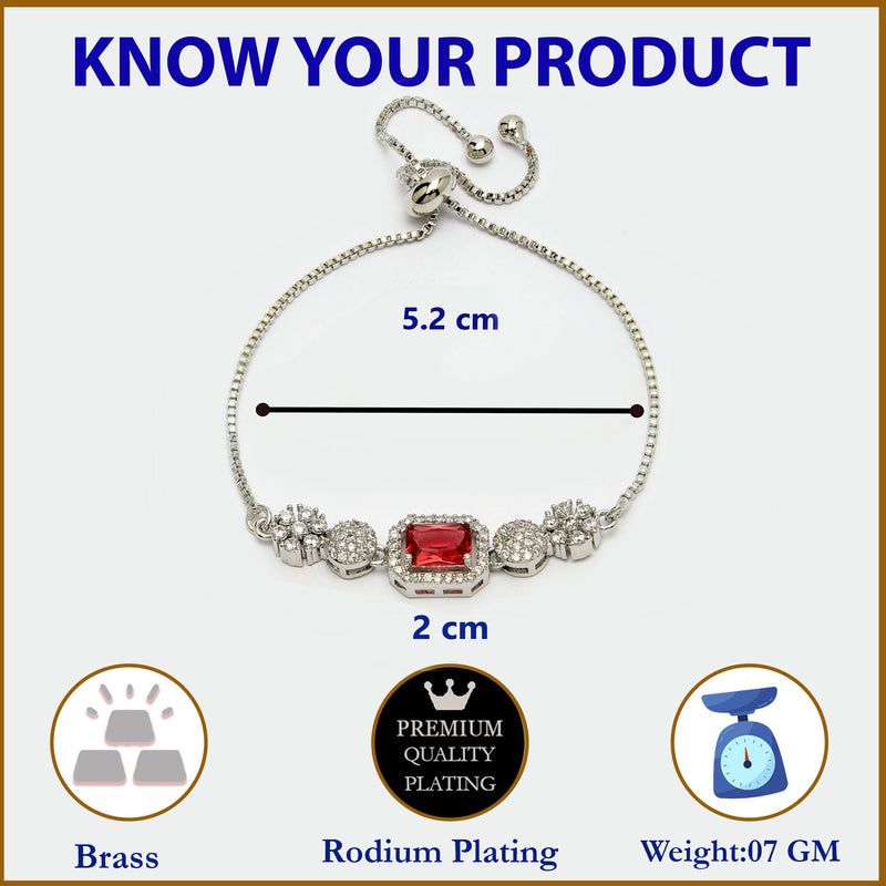 Rhodium Plated Silver Toned Red Square Centerpiece Ad Studded Bracelet With Beads & Floral Accents Wraparound Adjustable Bracelet