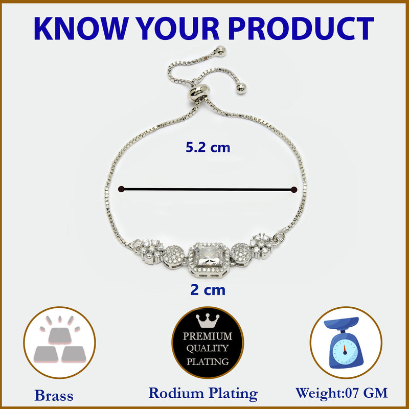 Rhodium Plated Silver Toned White Square Centerpiece American Diamond Studded Bracelet With Beads & Floral Accents Wraparound Adjustable Bracelet
