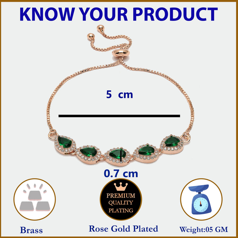 Rose Gold Plated Teardrop Shaped Emerald Green American Diamond Studded Bracelet