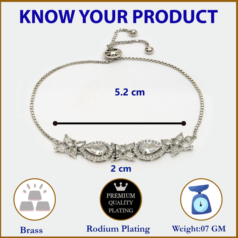 Rhodium Plated Silver Toned White Flower & Teardrop American Diamond Studded Wraparound Adjustable Bracelet