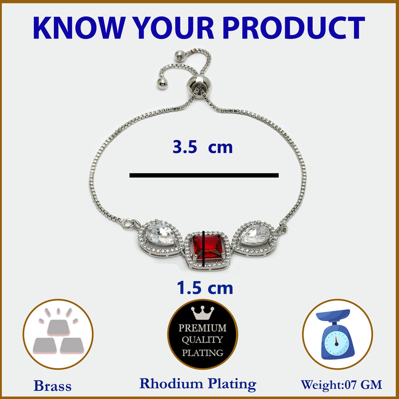 Rhodium Plated Silver Toned Square Shaped Red & White American Diamond Studded Bracelet