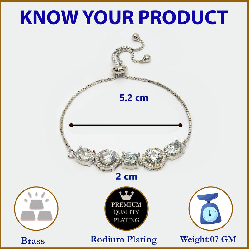 Rhodium Plated Silver Toned White Round & Oval American Diamond Studded  Wraparound Adjustable Bracelet