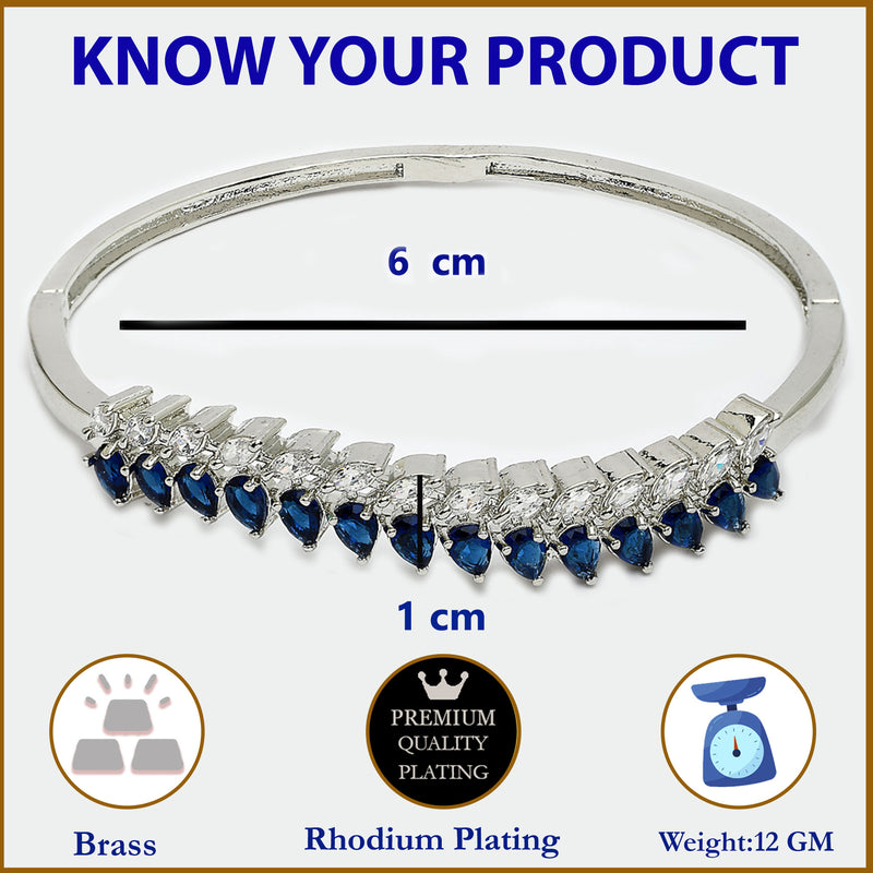 Rhodium Plated Silver Toned Leaf Shaped Royal Blue American Diamond Studded Bracelet