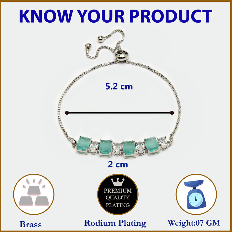 Rhodium Plated Silver Toned White Round & Mint Green Square Cut AD Studded Bracelet | Wraparound Adjustable Bracelet