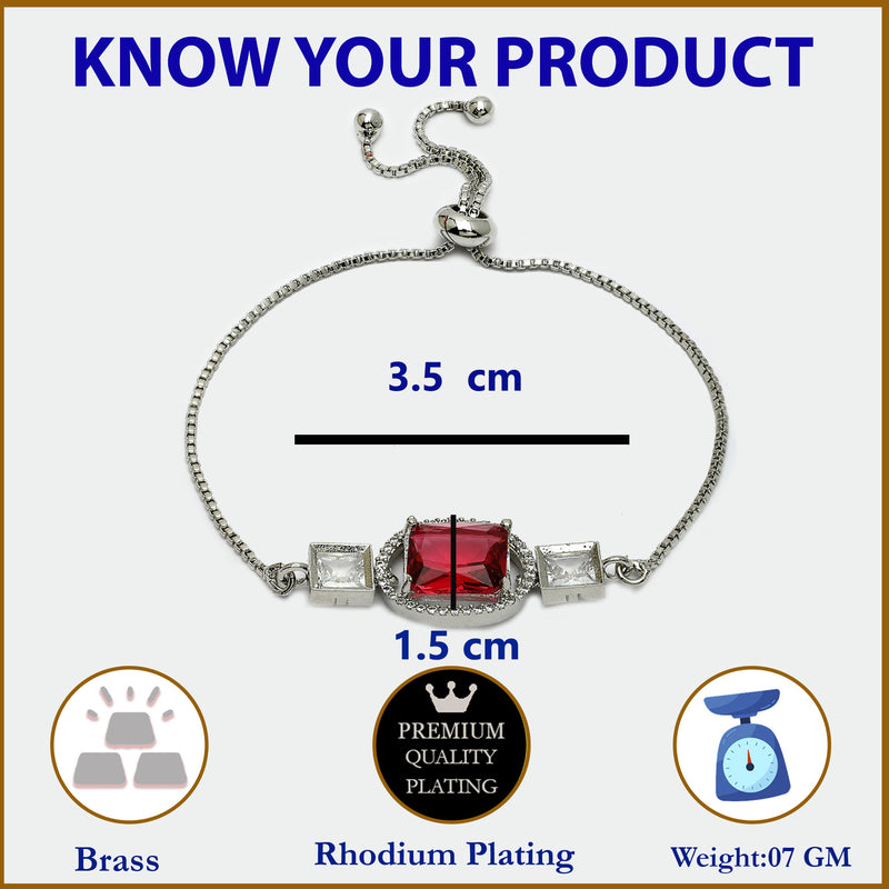 Rhodium Plated Silver Toned Rectangular Ruby Red American Diamond Studded Bracelet