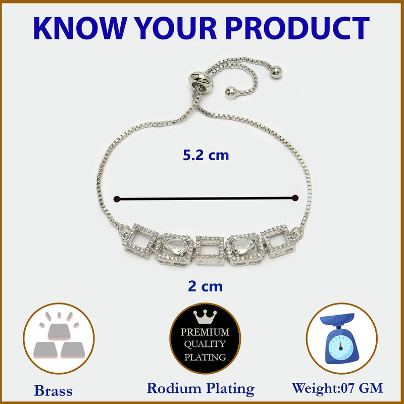 Rhodium Plated Silver Toned White Square Cut & Teardrop American Diamond Studded Wraparound Adjustable Bracelet