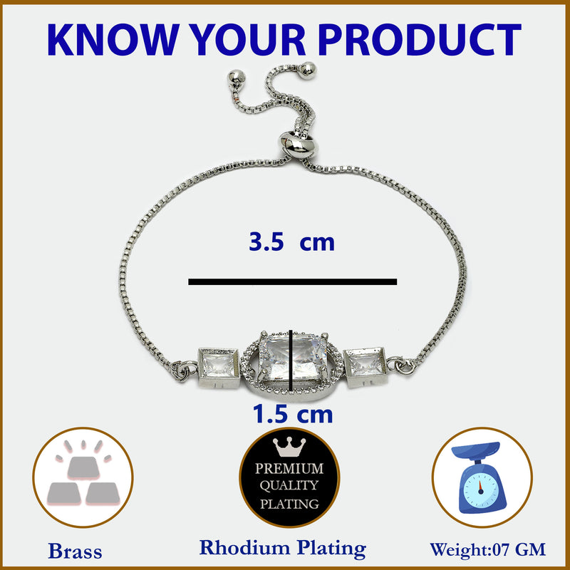 Rhodium Plated Silver Toned Rectangular White American Diamond Studded Bracelet