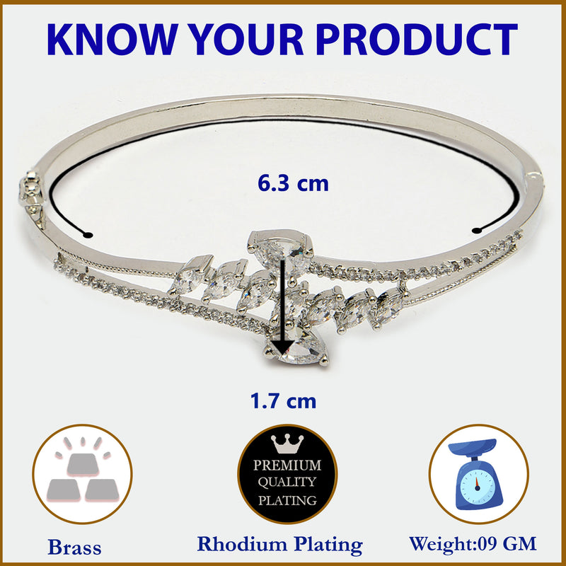 Rhodium Plated Silver Toned  Leaf Design White Teardrop American Diamond Studded Cuff Bracelet